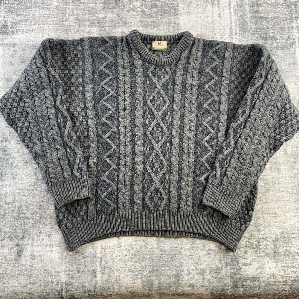 Carraig Donn Sweater Mens Large Gray Blue Cable Knit Aran Merino Wool Fisherman